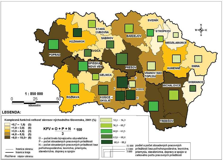 príležitostí v terciérnom sektore) dostaneme syntetickú charakteristiku pre jednotlivé okresy východného Slovenska komplexnú funkčnú ve kos (región východného Slovenska = 100 %).