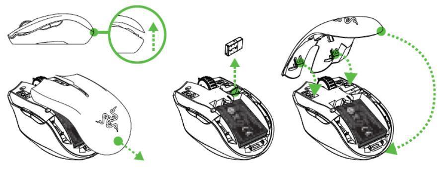 2. Vyberte horný kryt hernej myši Razer Turret tak, že ho v zadnej časti nadvihnete a zatlačíte späť. Vyberte USB dongle. Nasaďte horný kryt späť. 3.