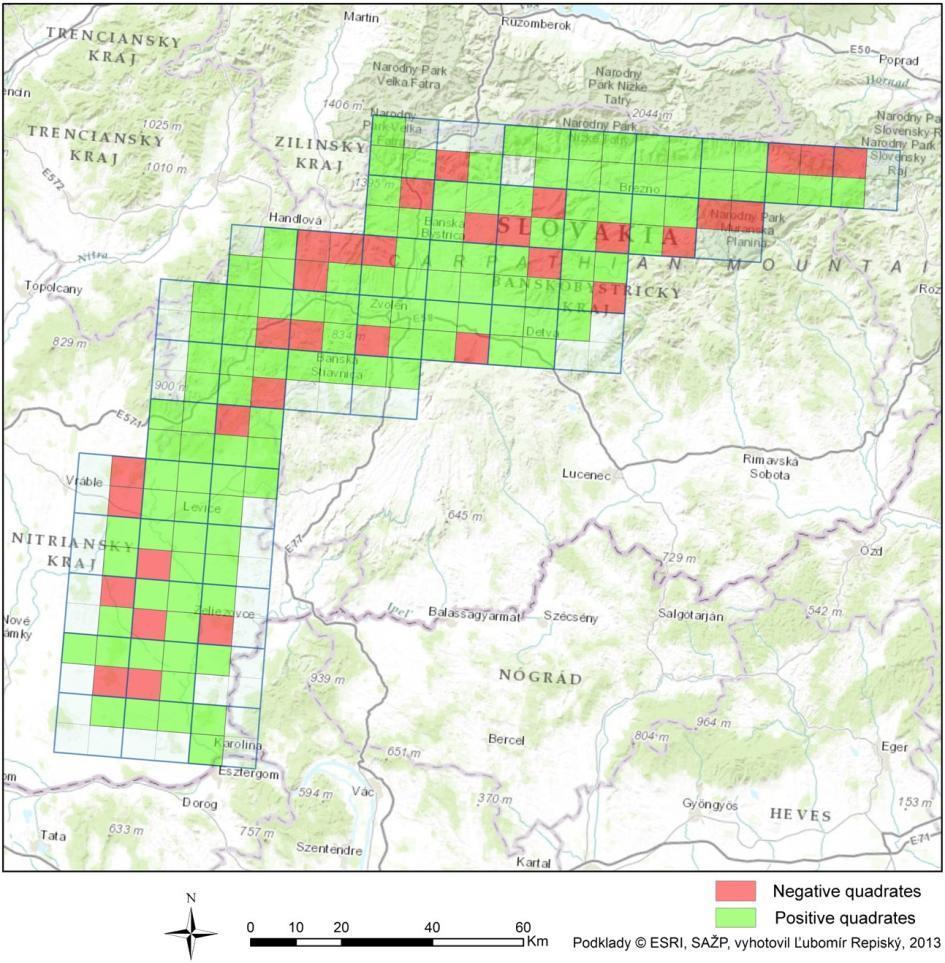 Obr. 9: Výsledky tretieho mapovania vydry v povodí rieky Hron (v zime 2011/2012) v kvadrátoch DFS a ich kvadrantoch. Autor mapy Ľubomír Repiský. Obr.